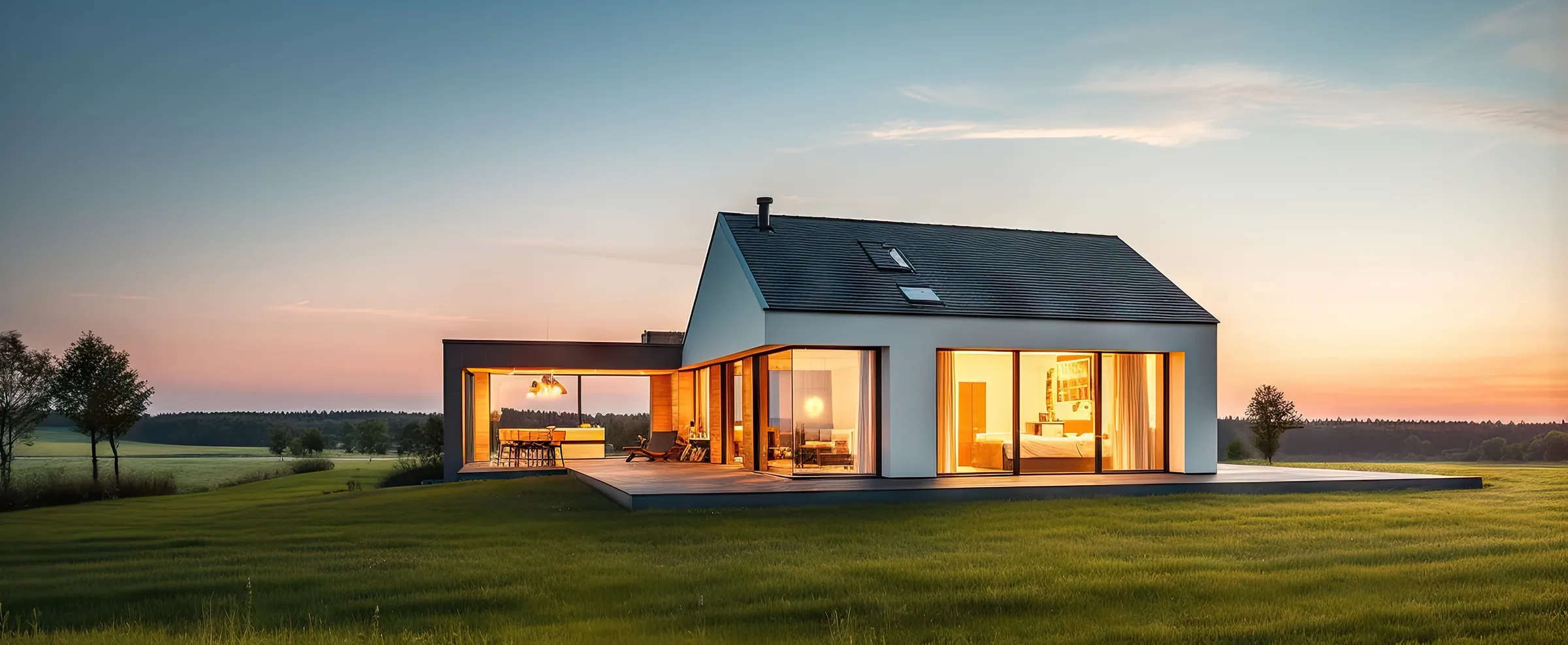 Maison contemporaine au coucher du soleil